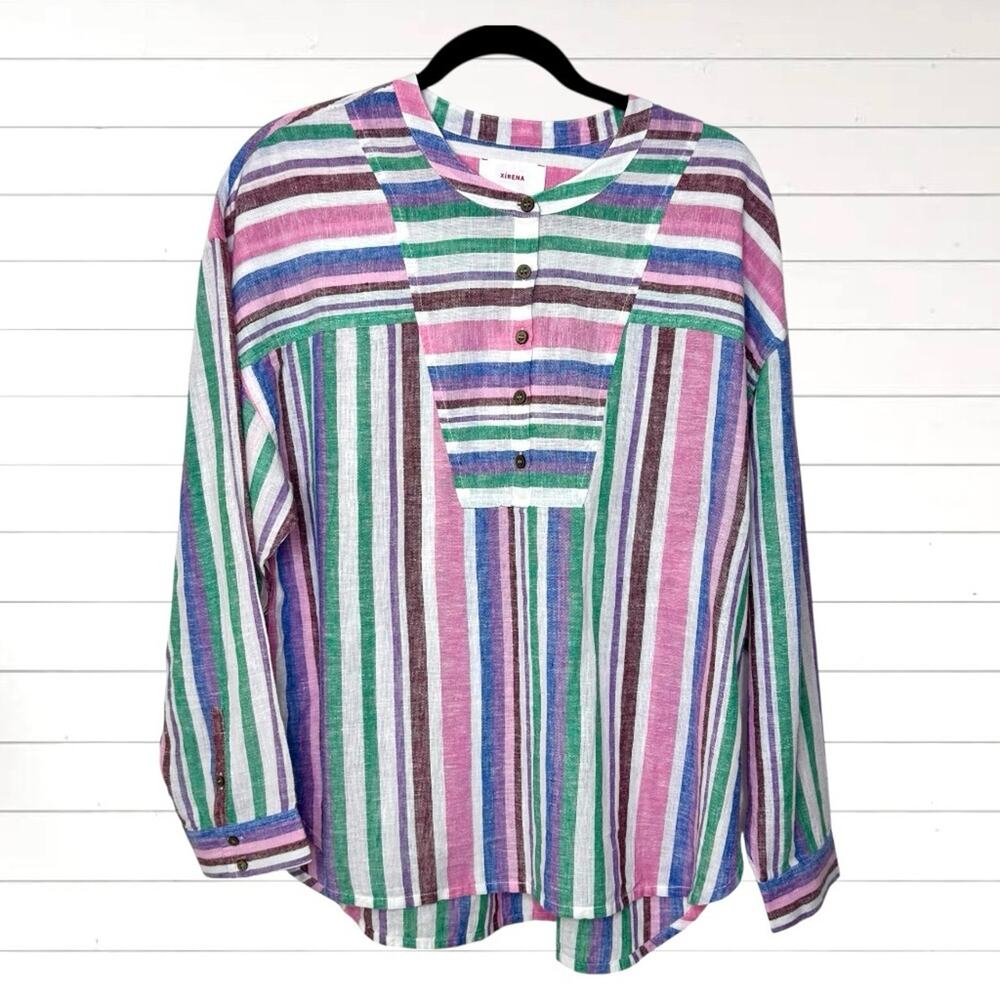 NWT XIRENA Macyn Top Blouse Ivory Melange Striped Cotton Linen Long Sleeve M